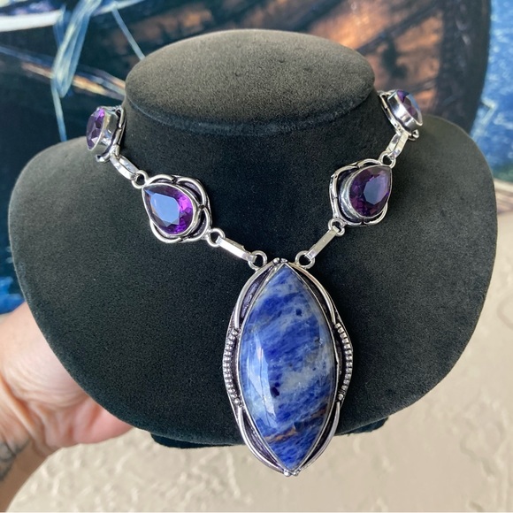 925 sterling silver overlay purple amethyst & blue sodalite stone boho necklace - Picture 15 of 15